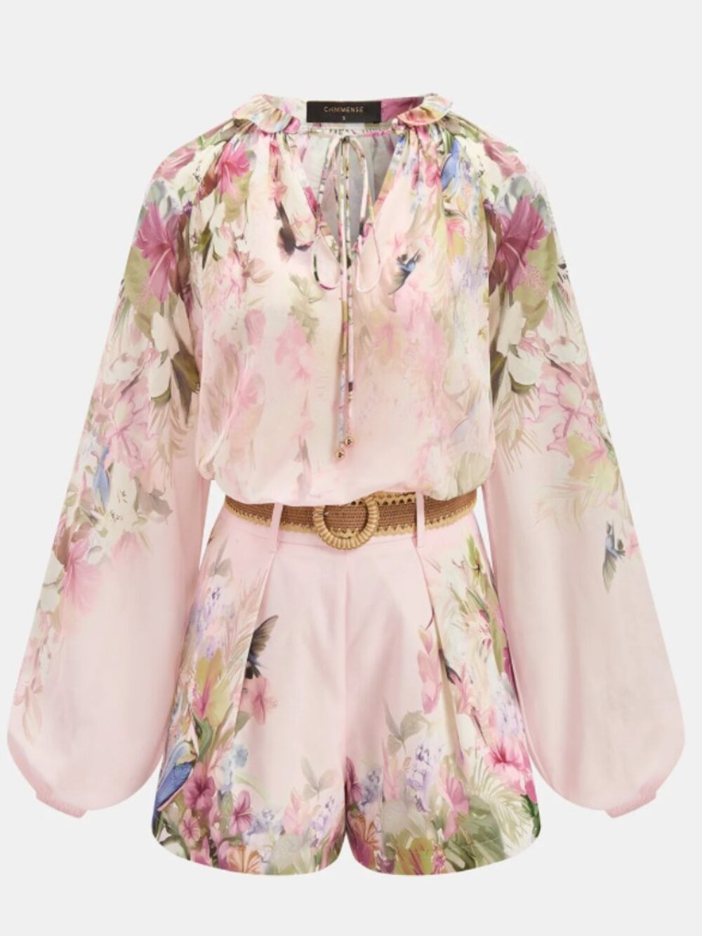 Commense Floral Print Blouse and Belted Shorts
